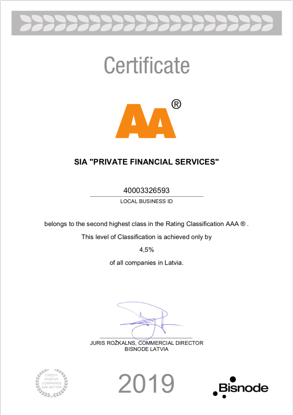 Credit Rating Double-A is Achieved by Private Financial Services Latvia